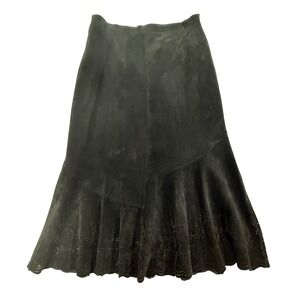 Chicos Black Suede Leather A-Line Skirt Laser Cut Scalloped Hem Size 1 (8) W438